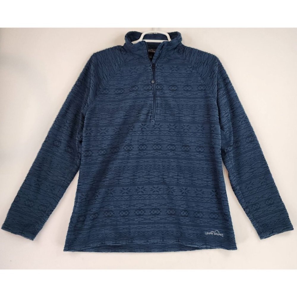Eddie Bauer Sweater Womens Medium Blue Textured Tribal Pattern Quater Zip Fleece